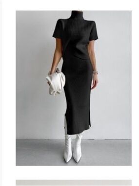 Black High Neck ribbed two piece set